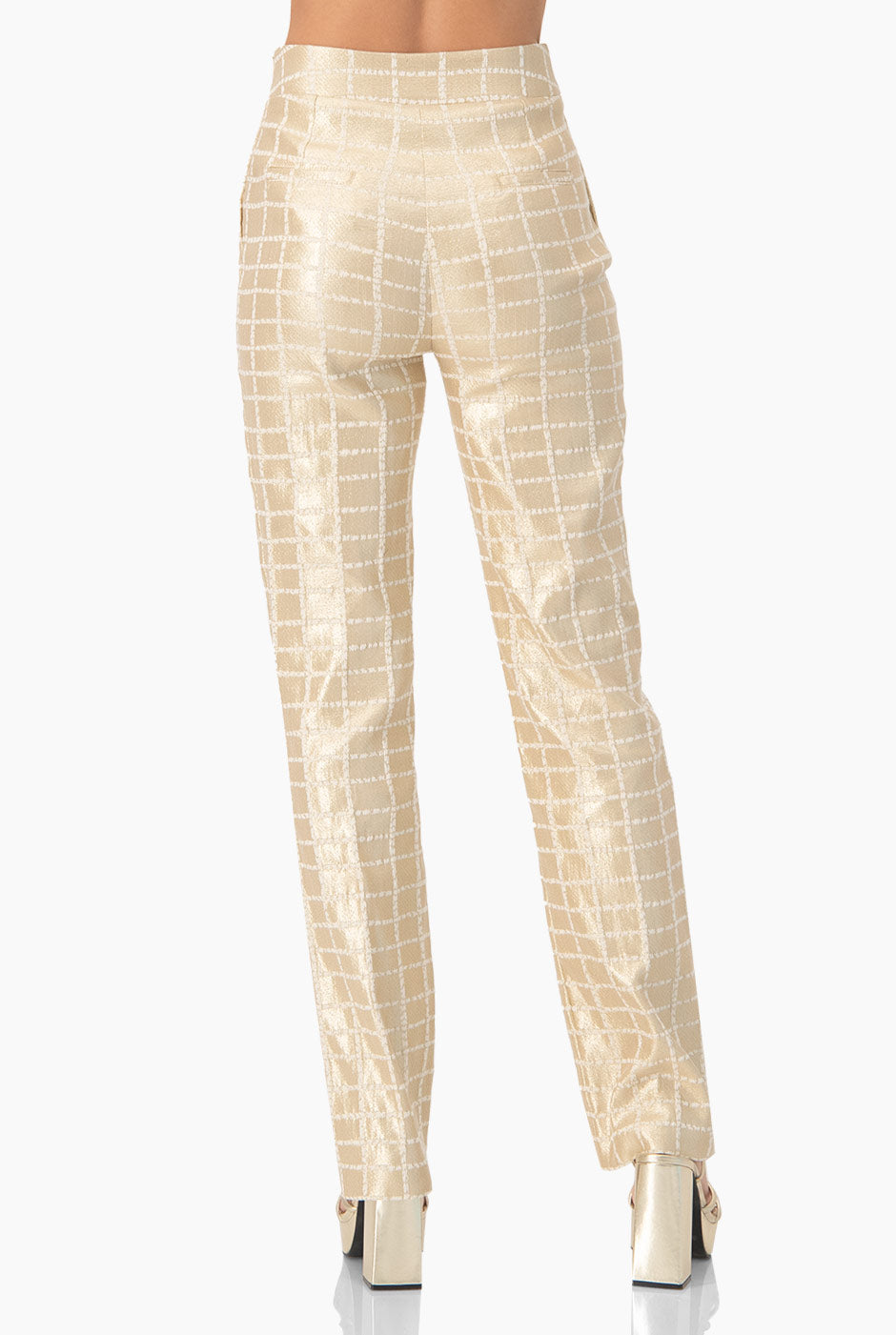 Pantalón recto dorado con estampado de cuadros y bolsillos