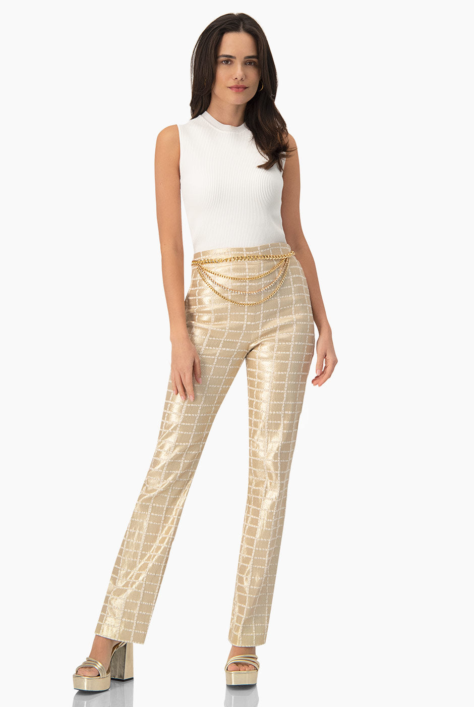 Pantalón recto dorado con estampado de cuadros y bolsillos