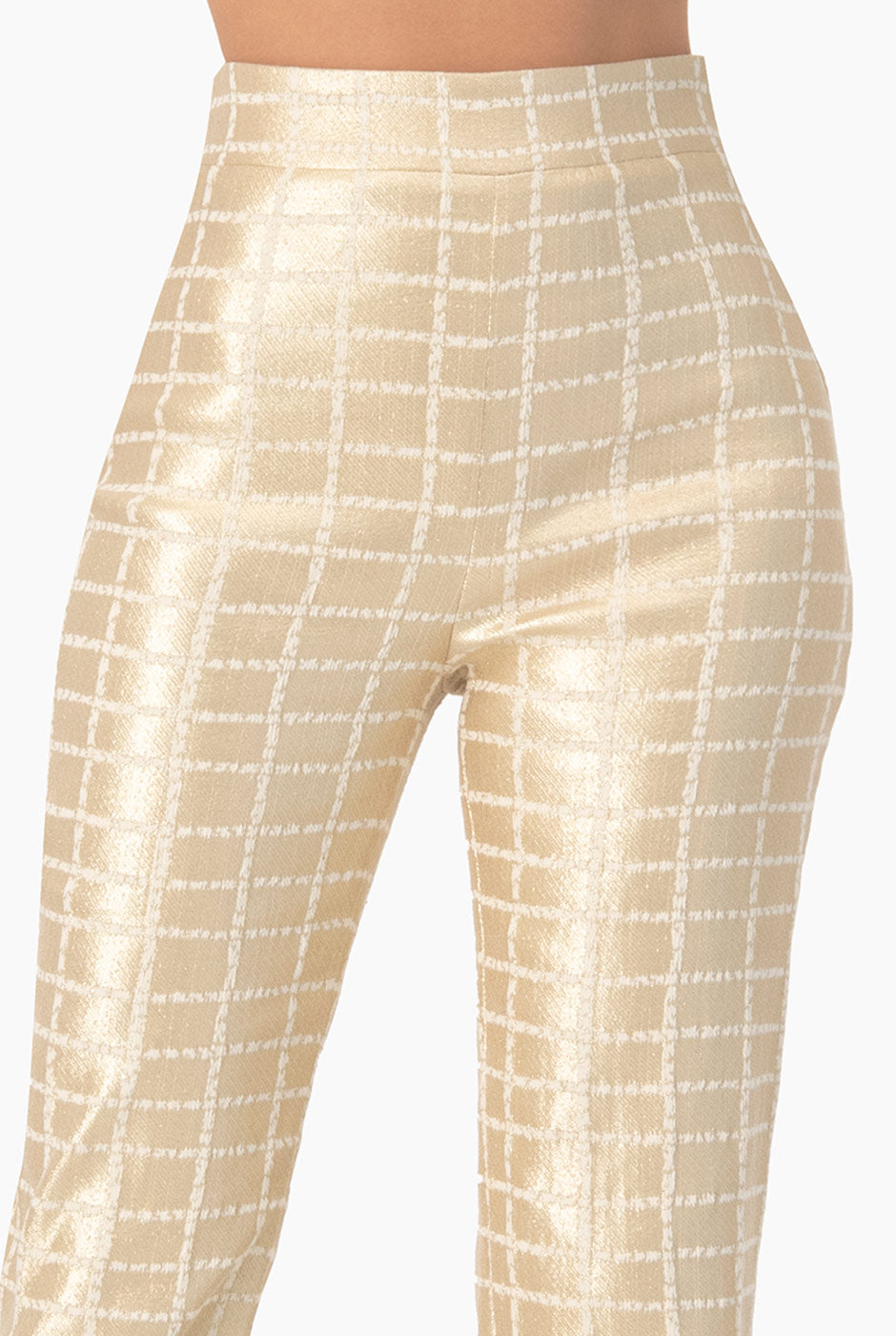 Pantalón recto dorado con estampado de cuadros y bolsillos