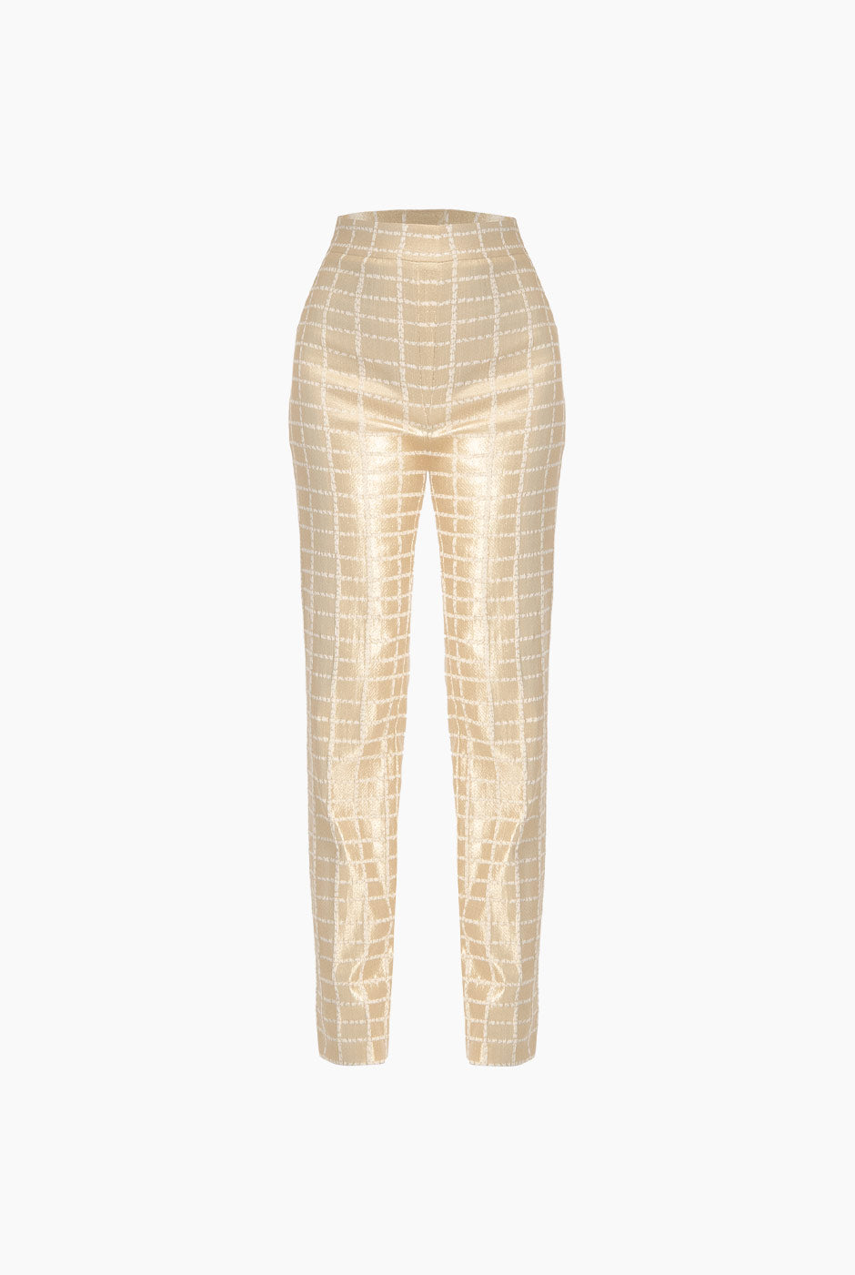 Pantalón recto dorado con estampado de cuadros y bolsillos