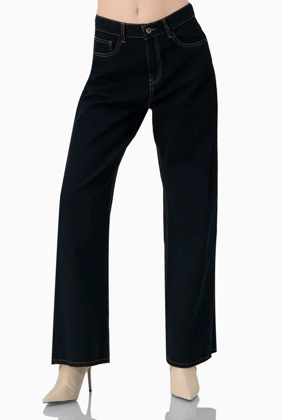 Jeans de mezclilla azul marino con pierna amplia y bolsillos traseros