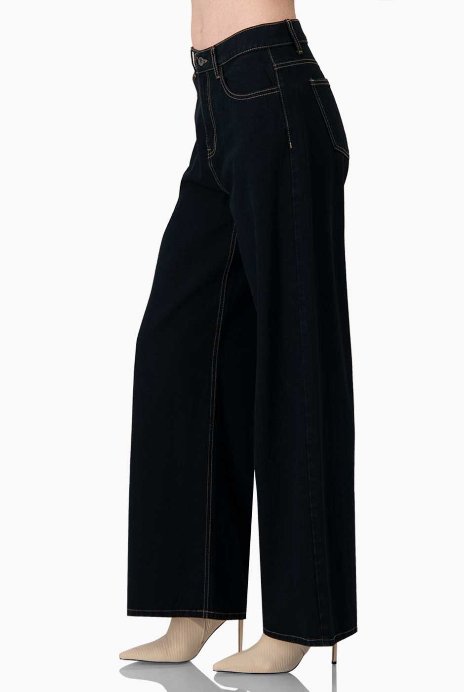 Jeans de mezclilla azul marino con pierna amplia y bolsillos traseros