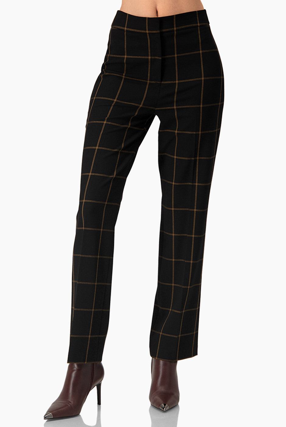 Pantalón recto sastreado negro con estampado de cuadros