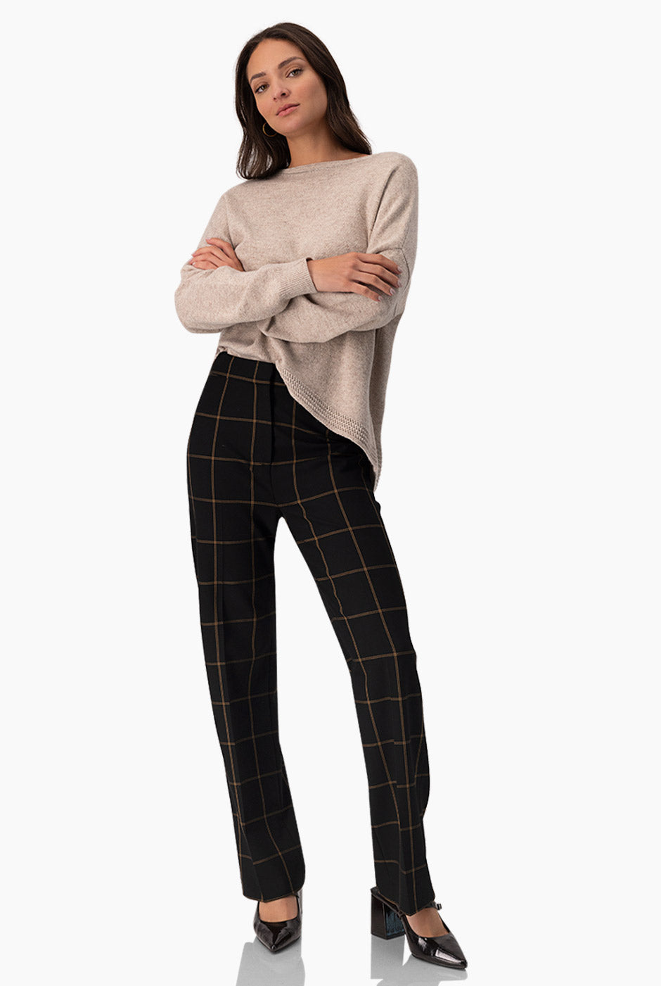 Pantalón recto sastreado negro con estampado de cuadros