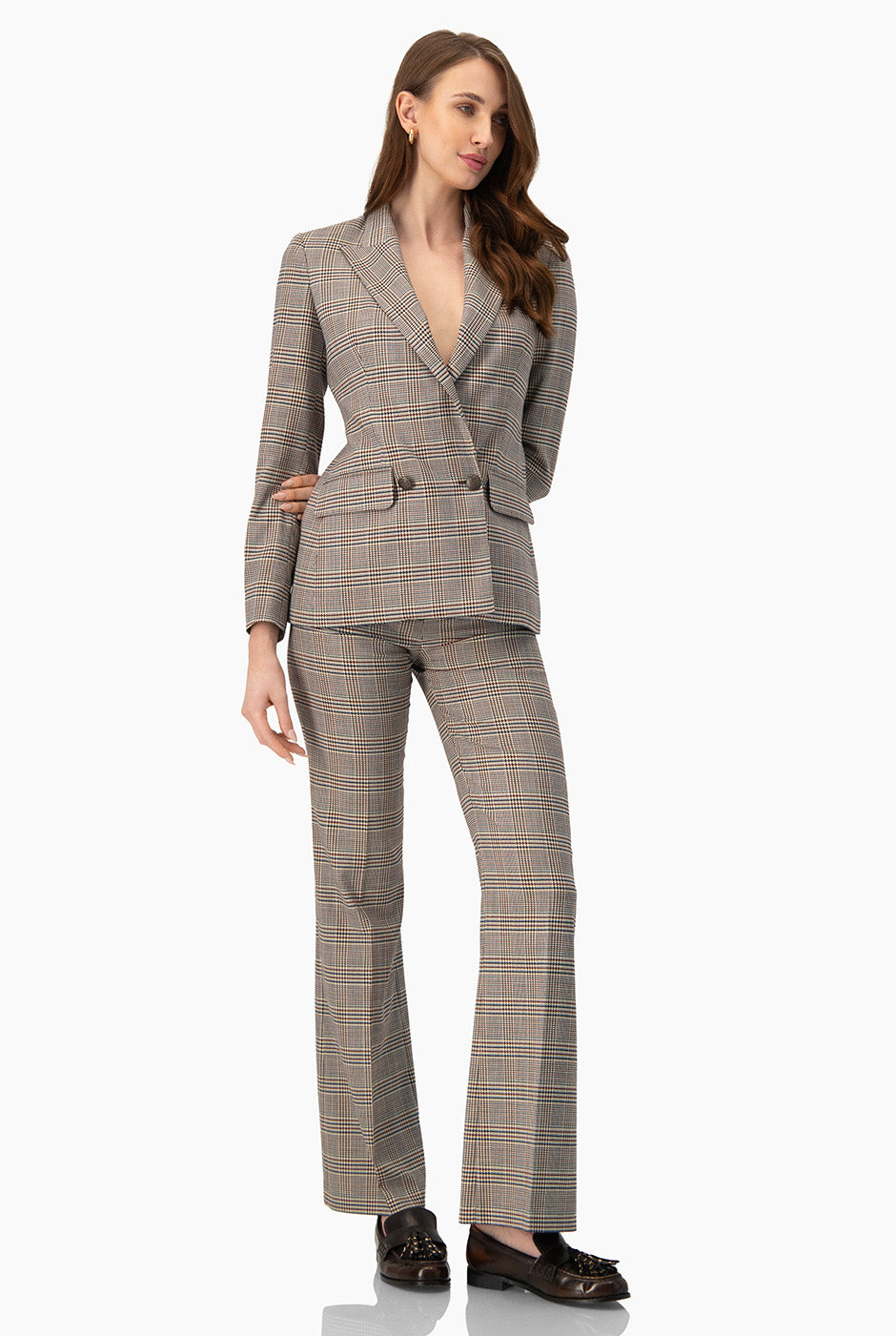 Pantalón recto multicolor con estampado de cuadros y pinzas traseras