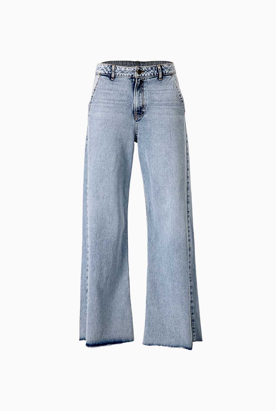 Jeans mom azul claro con bolsillos y dobladillo deshilachado