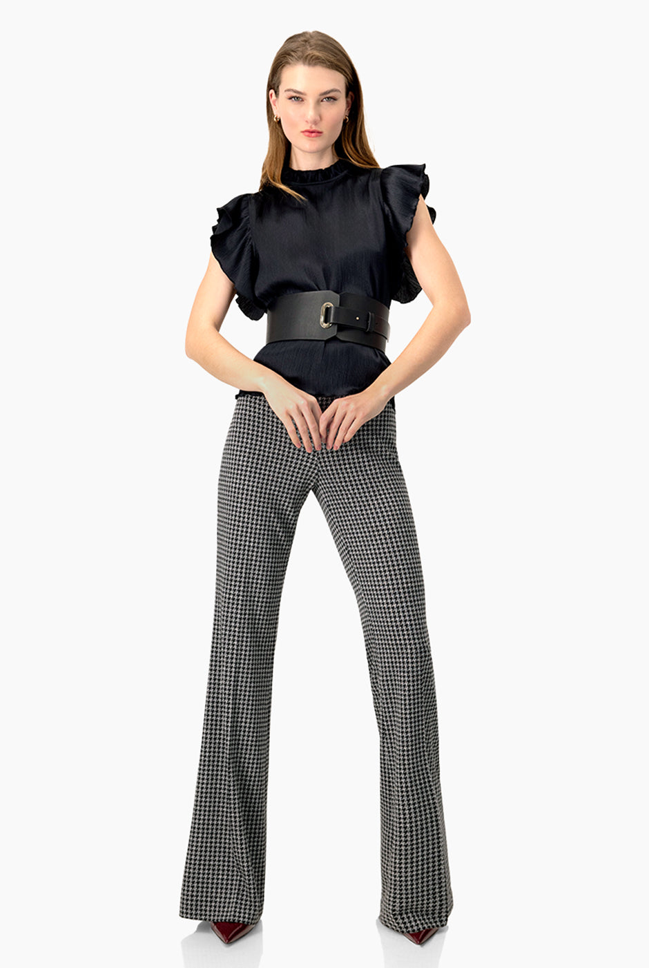 Pantalón acampanado negro sin bolsas con estampado de pata de gallo