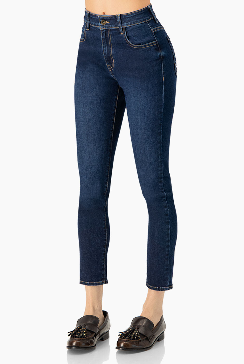 Jeans skinny azul marino con botón frontal y bolsillos traseros