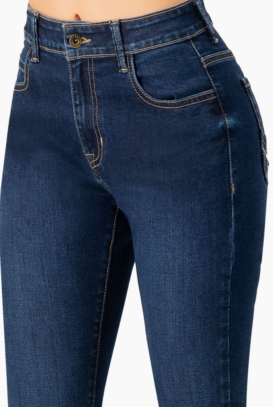 Jeans skinny azul marino con botón frontal y bolsillos traseros