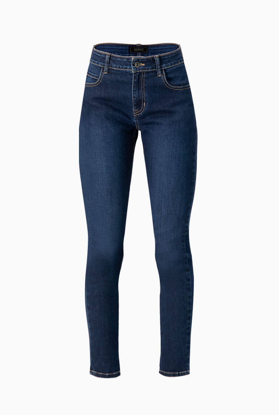 Jeans skinny azul marino con botón frontal y bolsillos traseros