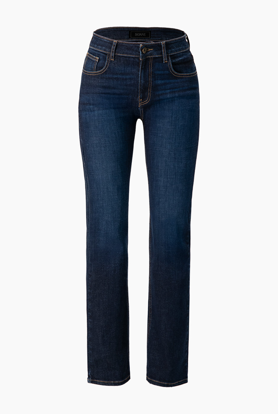 Jeans semi acampanados azul marino con bolsillos traseros de parche