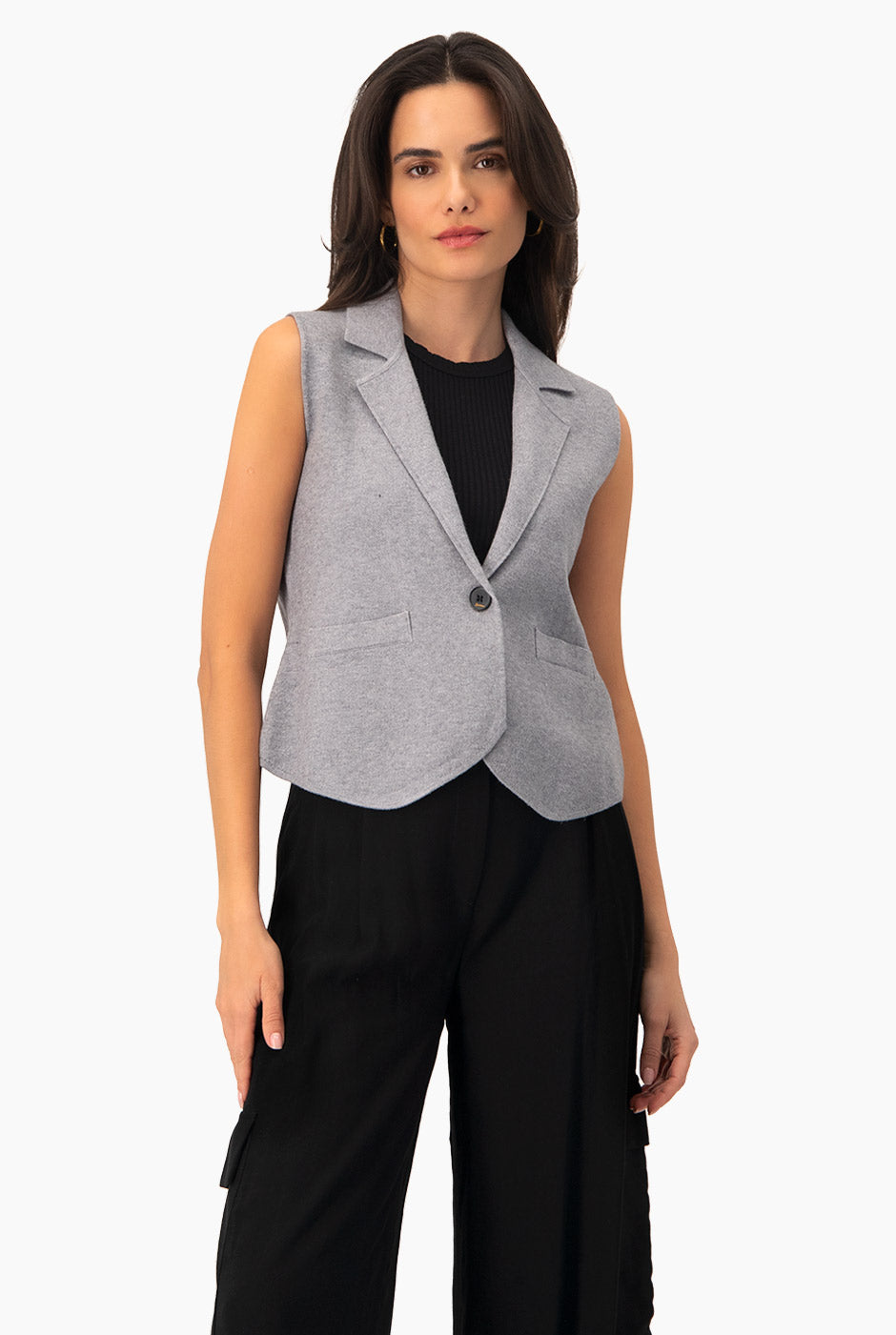 Chaleco Soft Knitted gris formal con botón y solapas