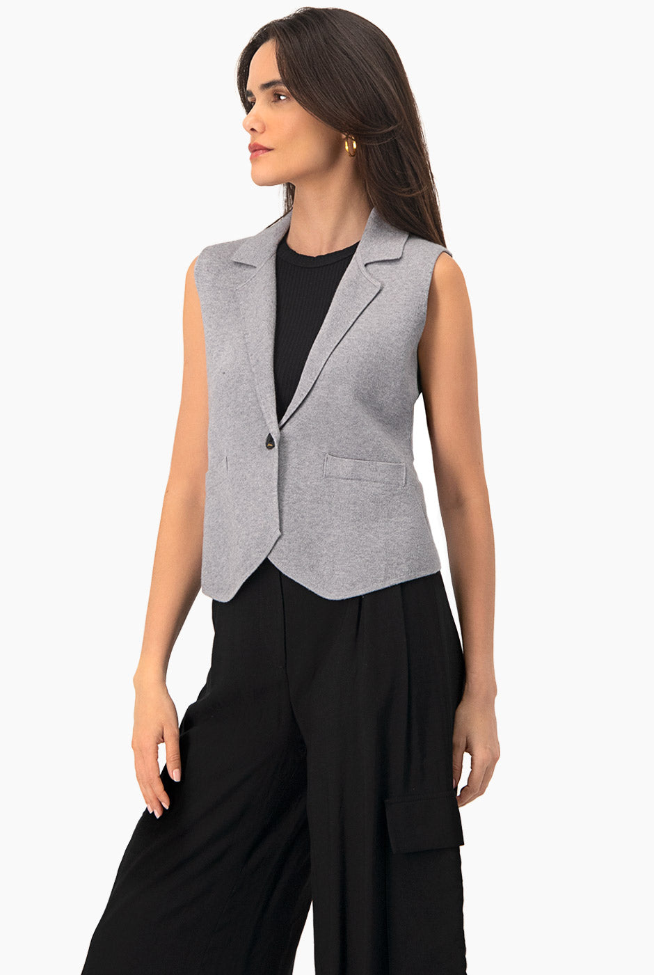 Chaleco Soft Knitted gris formal con botón y solapas