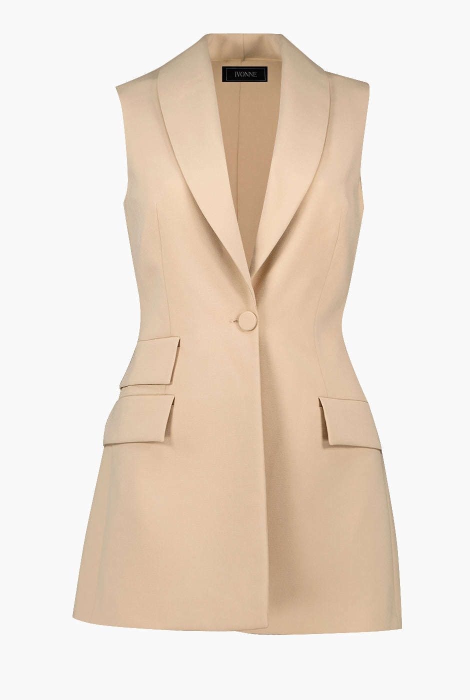 Chaleco largo beige con solapa y bolsillos de cartera