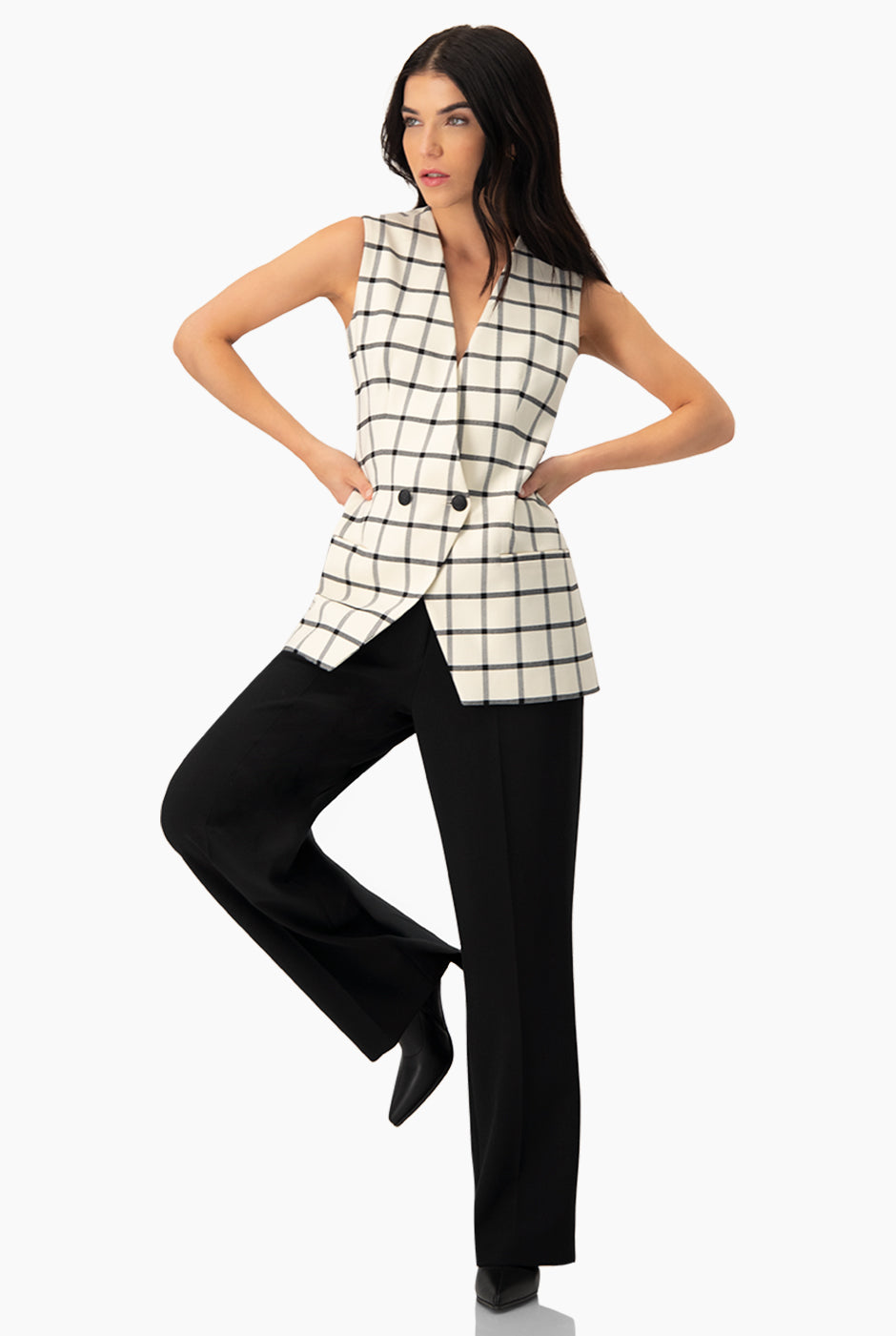 Chaleco largo cruzado de doble botón, color natural