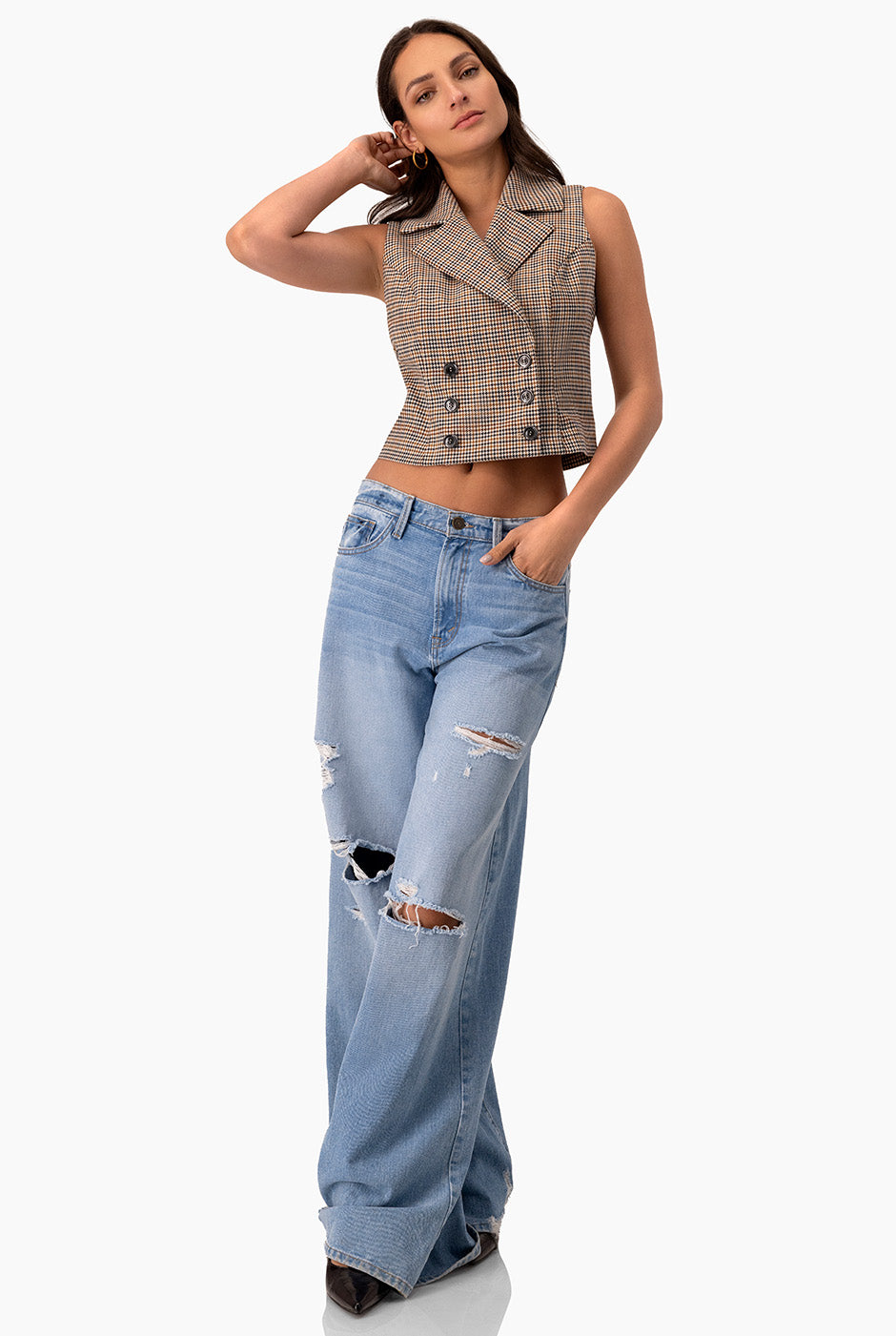 Chaleco corto cruzado multicolor de Ivonne con botones dobles y solapa