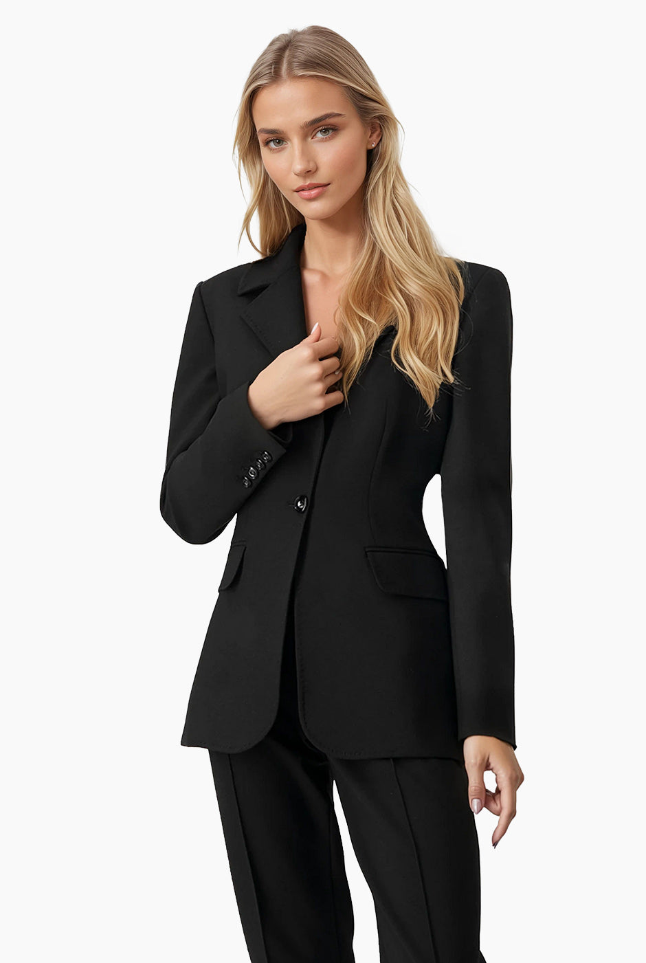 Saco sastreado negro cruzado de Ivonne con un botón y bolsillos frontales