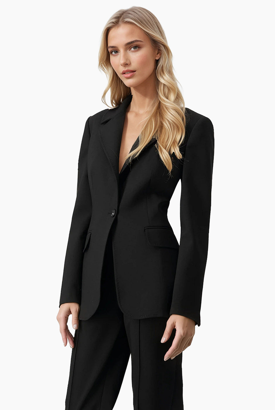 Saco sastreado negro cruzado de Ivonne con un botón y bolsillos frontales