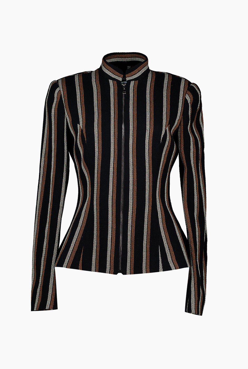 Blazer negro elegante con cierre frontal y rayas verticales