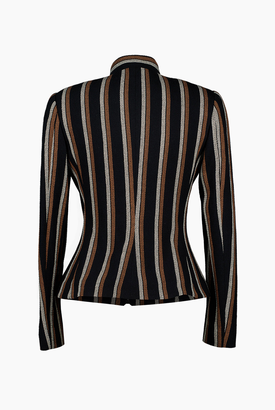 Blazer negro elegante con cierre frontal y rayas verticales