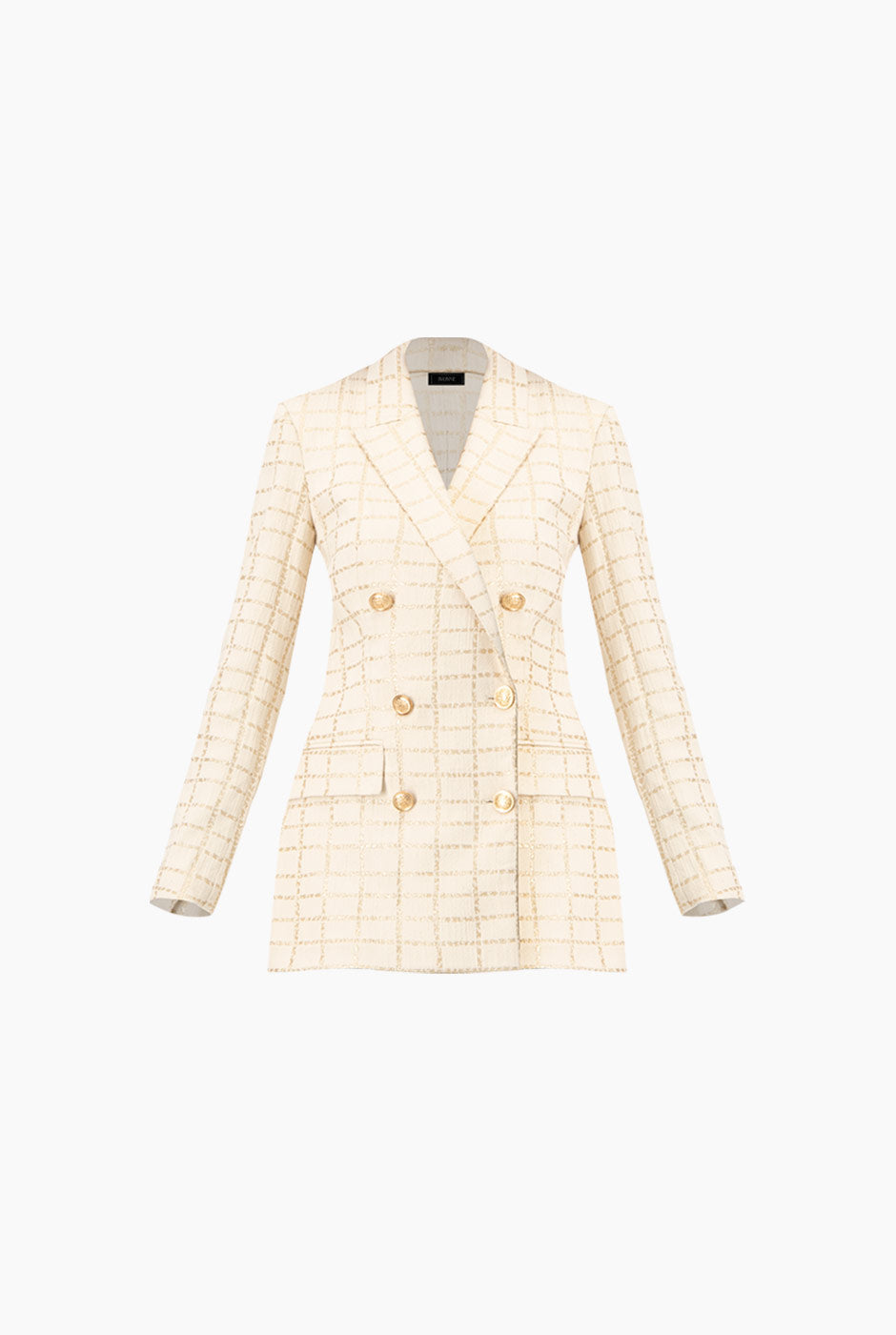 Saco largo dorado con botones y solapa de Ivonne