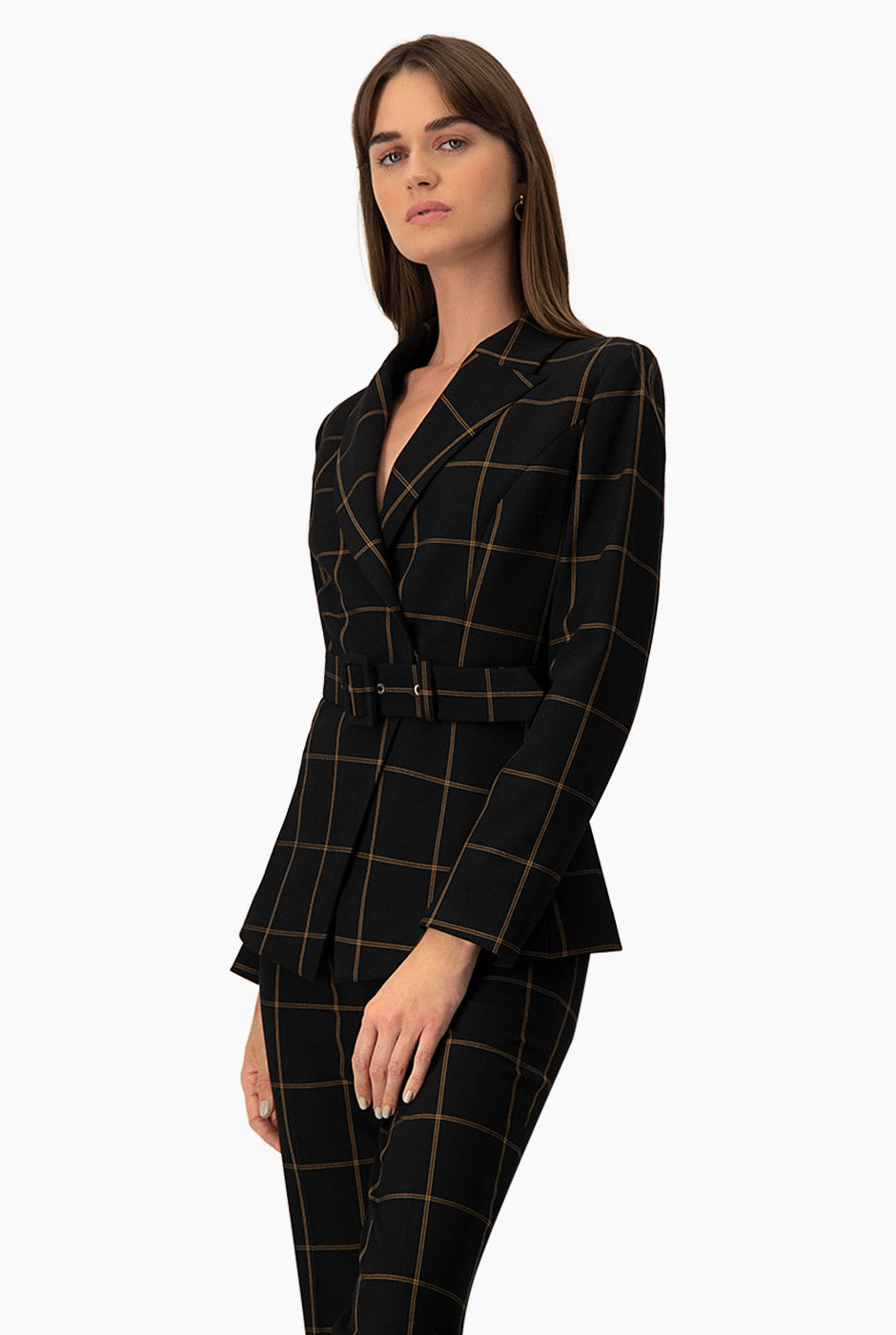 Saco cruzado negro de rayas con cinturón y solapas elegantes