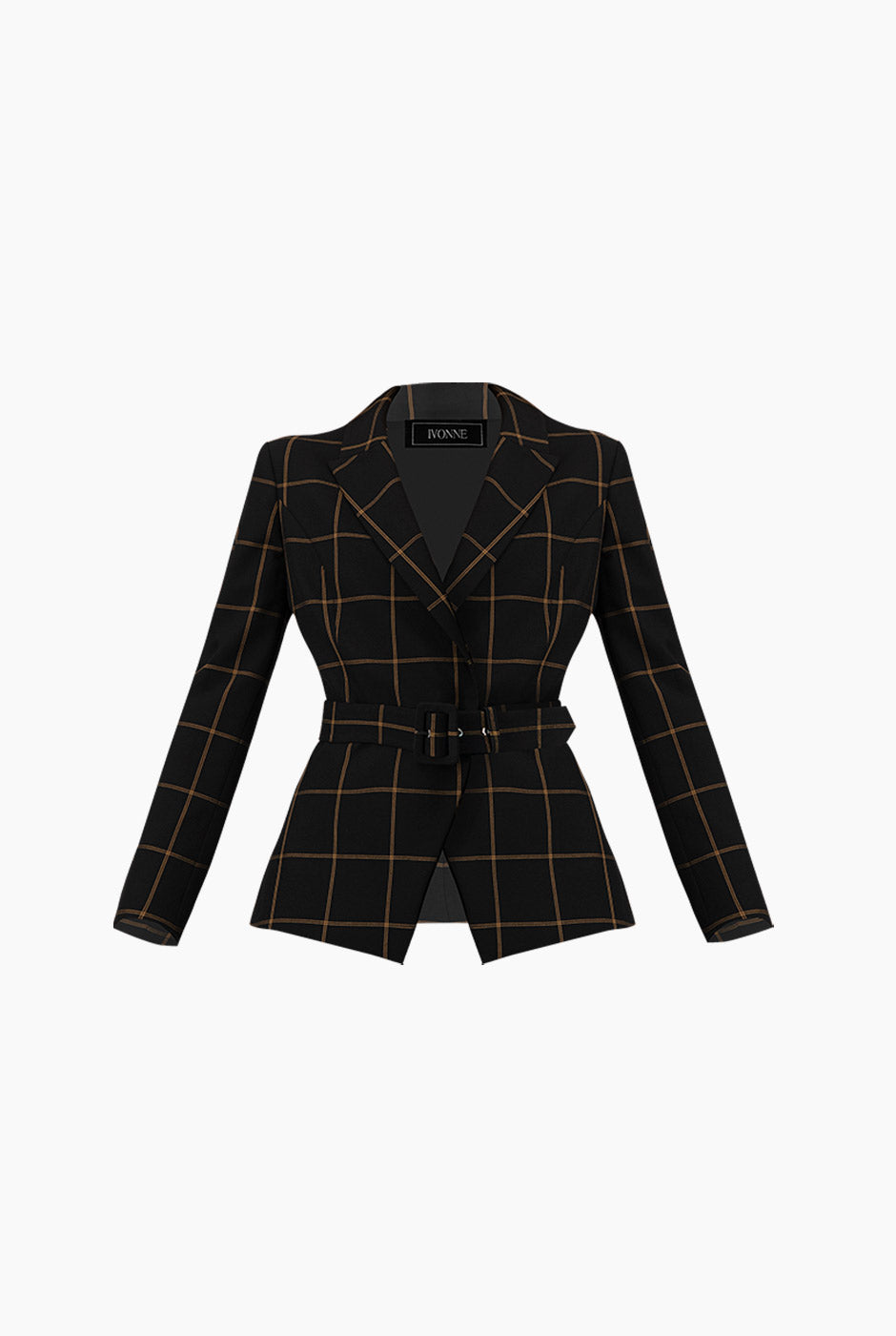 Saco cruzado negro de rayas con cinturón y solapas elegantes