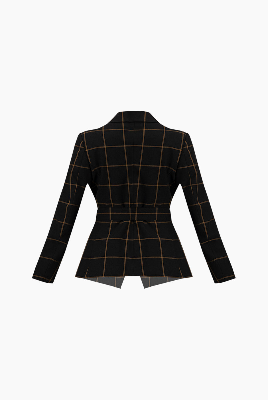 Saco cruzado negro de rayas con cinturón y solapas elegantes