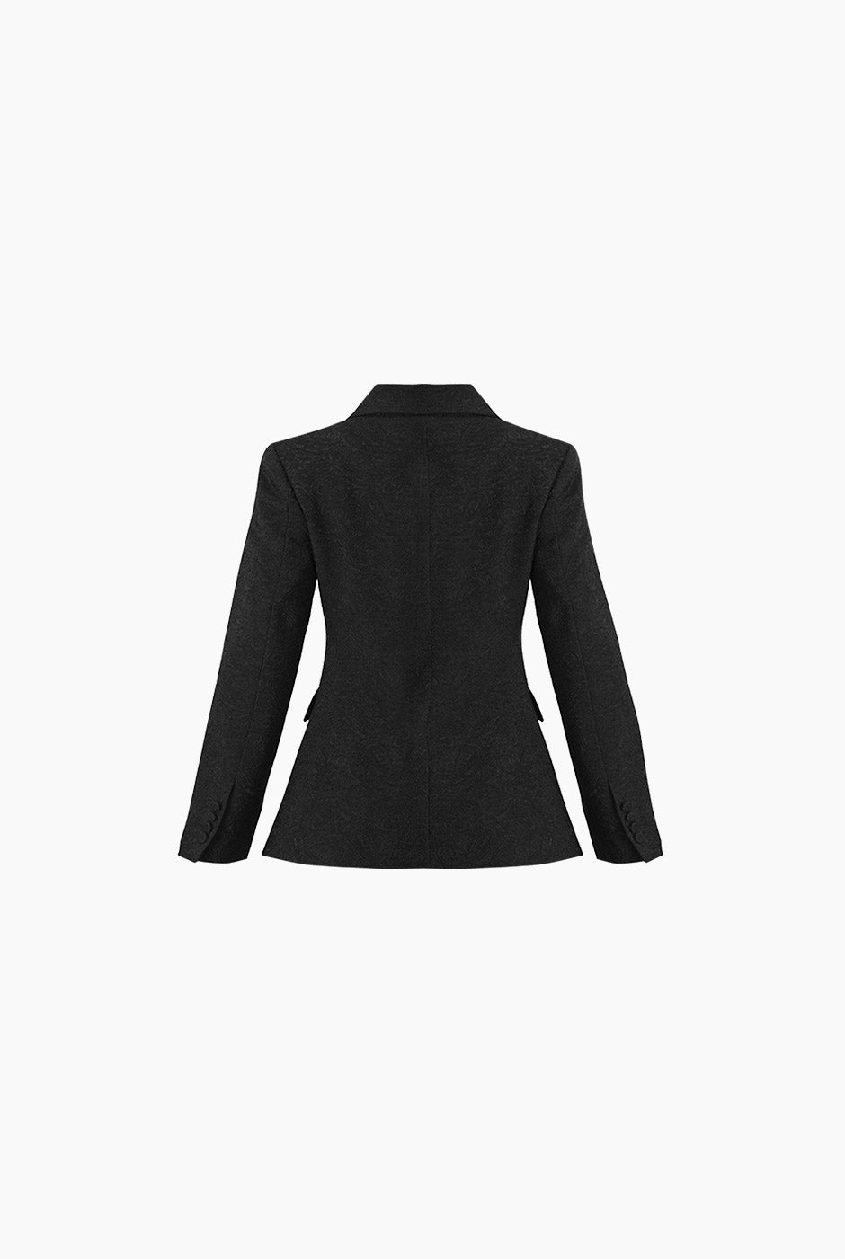 Blazer negro con bolsillos y accesorio de flor, estilo elegante