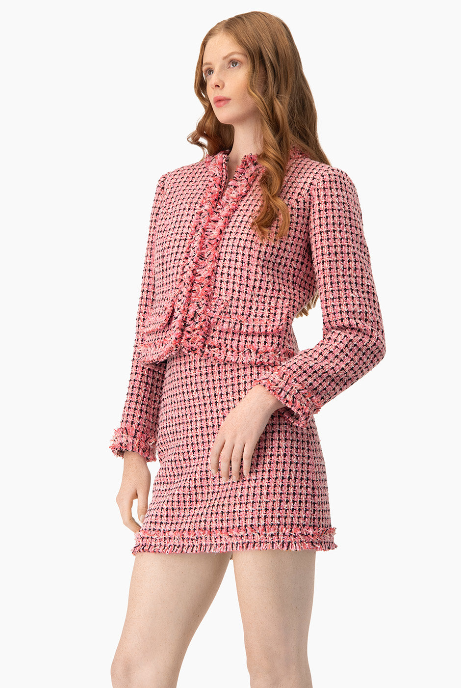 Saco Blazer rosa corto con cuello redondo y bolsillos