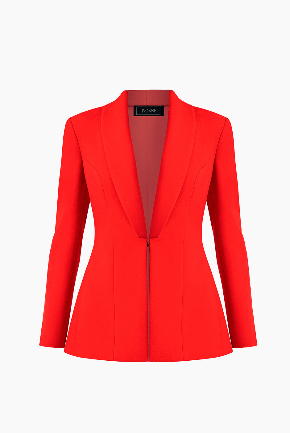 Saco rojo liso con solapa smoking y broche frontal