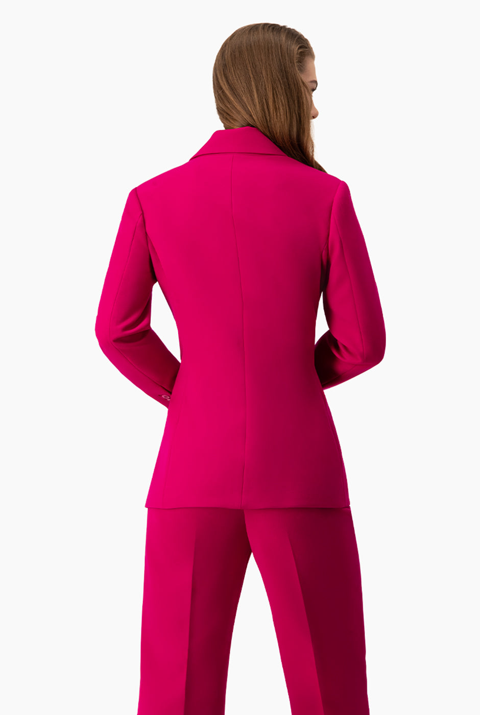 Saco cruzado fucsia con doble botonadura y solapa