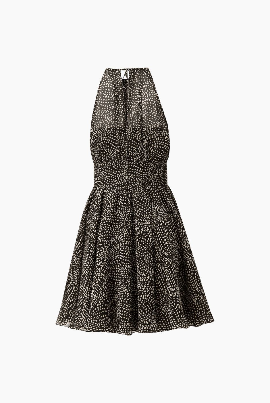 Vestido corto negro de lunares con cuello halter y sin mangas