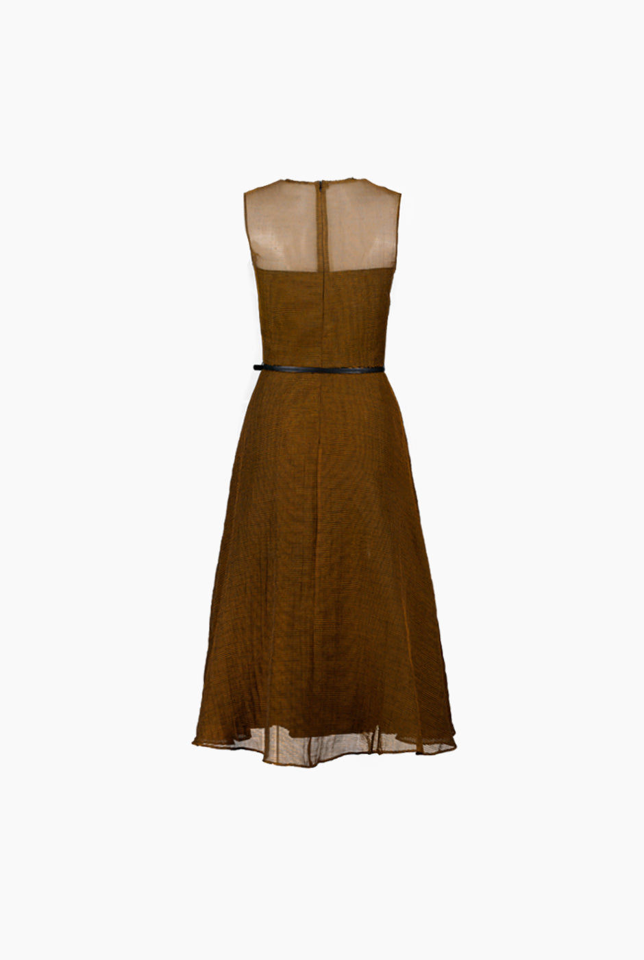 Vestido largo café línea A sin mangas de rayas y cinturón