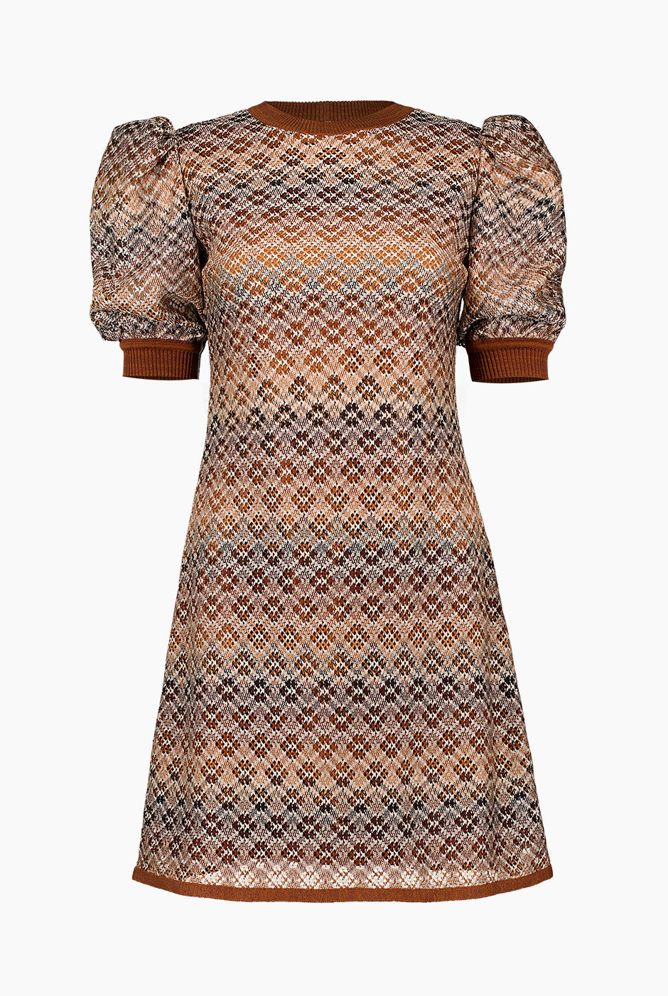 Vestido corto café tejido con estampado geométrico y mangas cortas