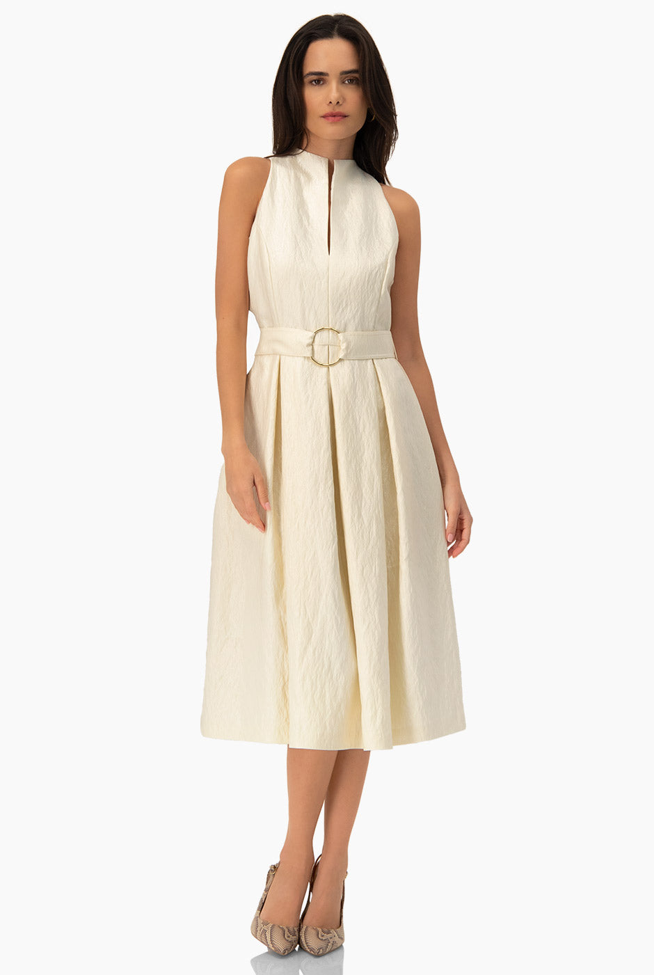 Vestido midi liso natural con cinturón y escote en V