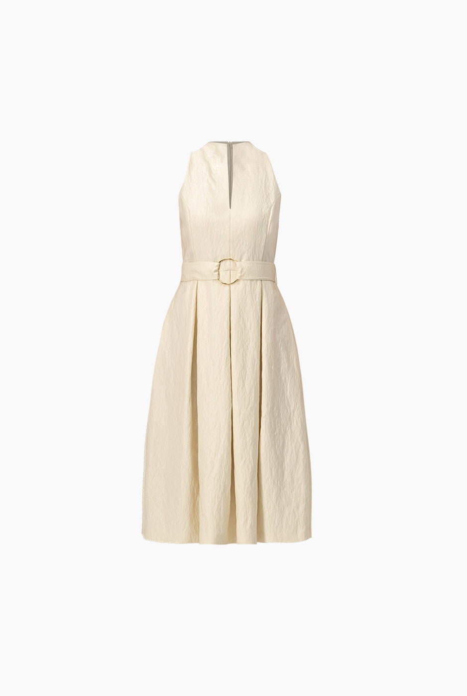 Vestido midi liso natural con cinturón y escote en V