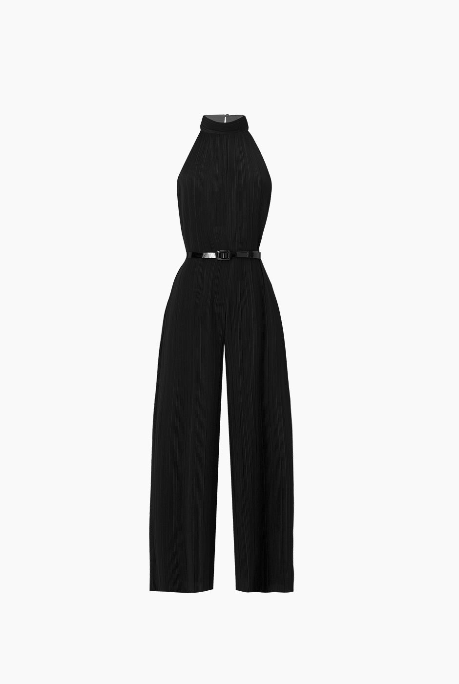 Jumpsuit negro plisado con cinturón y cuello halter