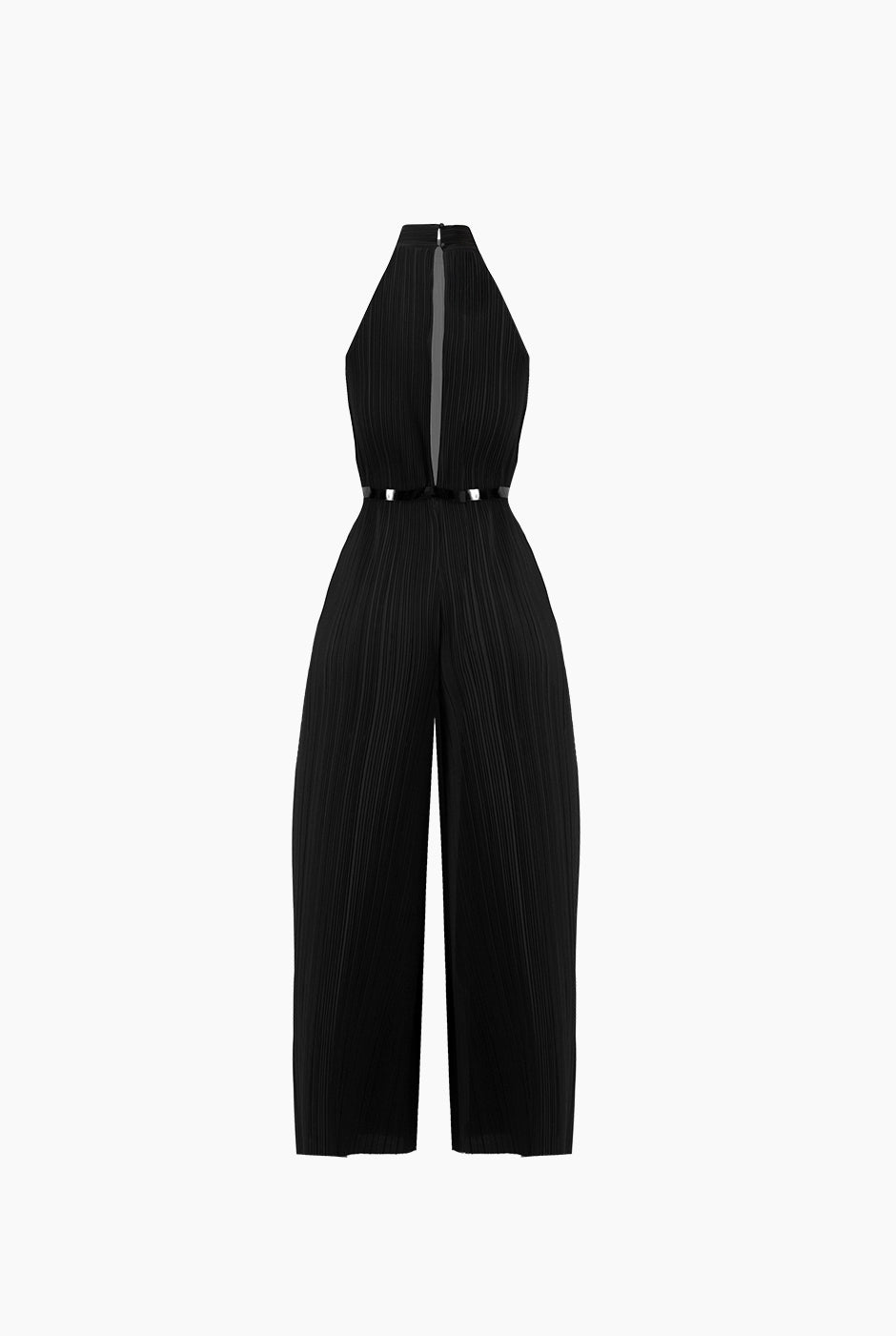Jumpsuit negro plisado con cinturón y cuello halter