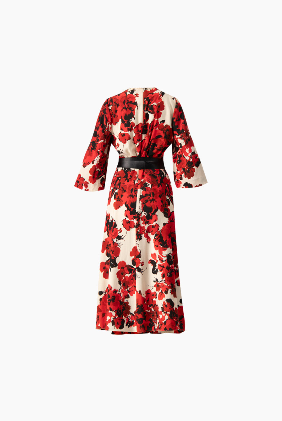 Vestido largo con estampado floral rojo y negro, escote en V