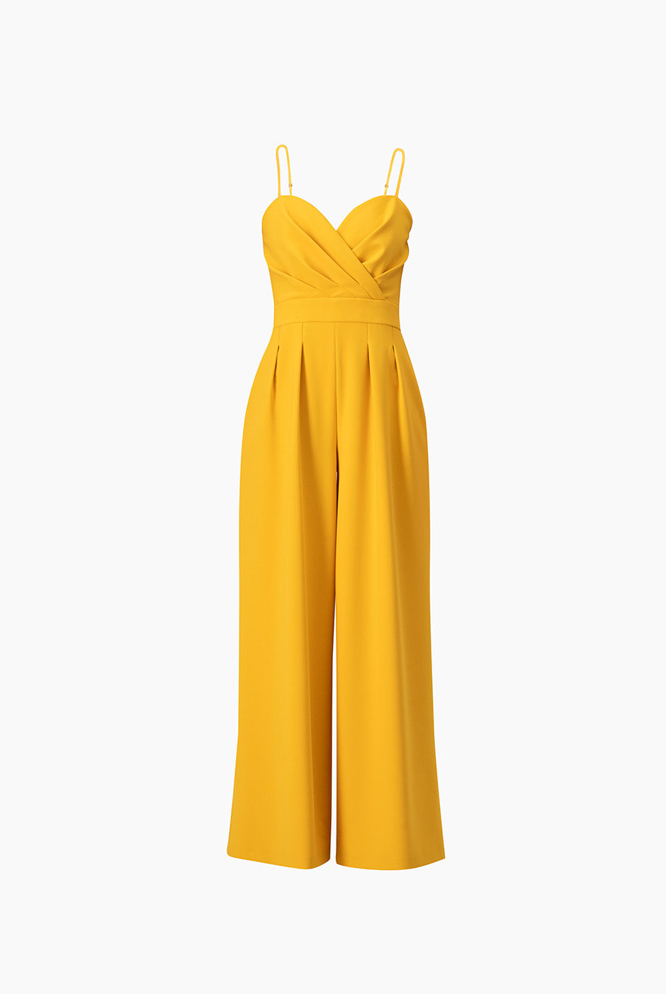 Jumpsuit amarillo de pierna amplia con tirantes delgados y escote corazón