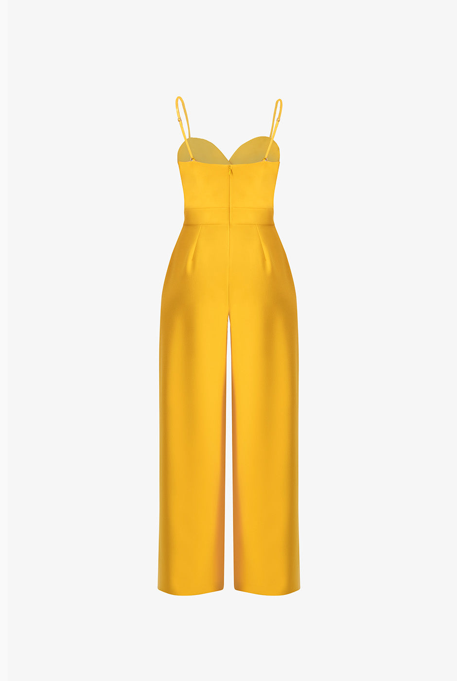 Jumpsuit amarillo de pierna amplia con tirantes delgados y escote corazón