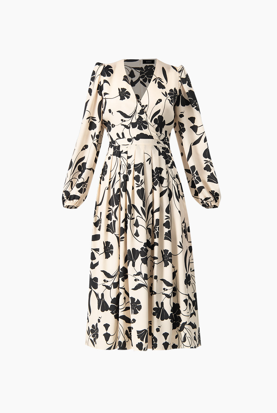 Vestido midi negro con estampado floral y escote en V