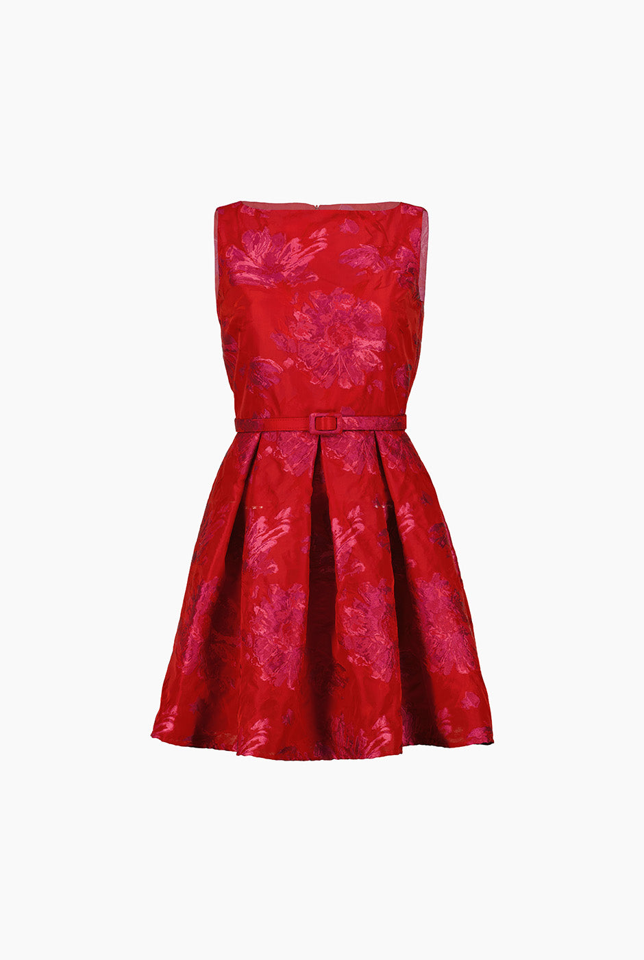 Vestido rojo corto sin mangas con cinturón y estampado floral