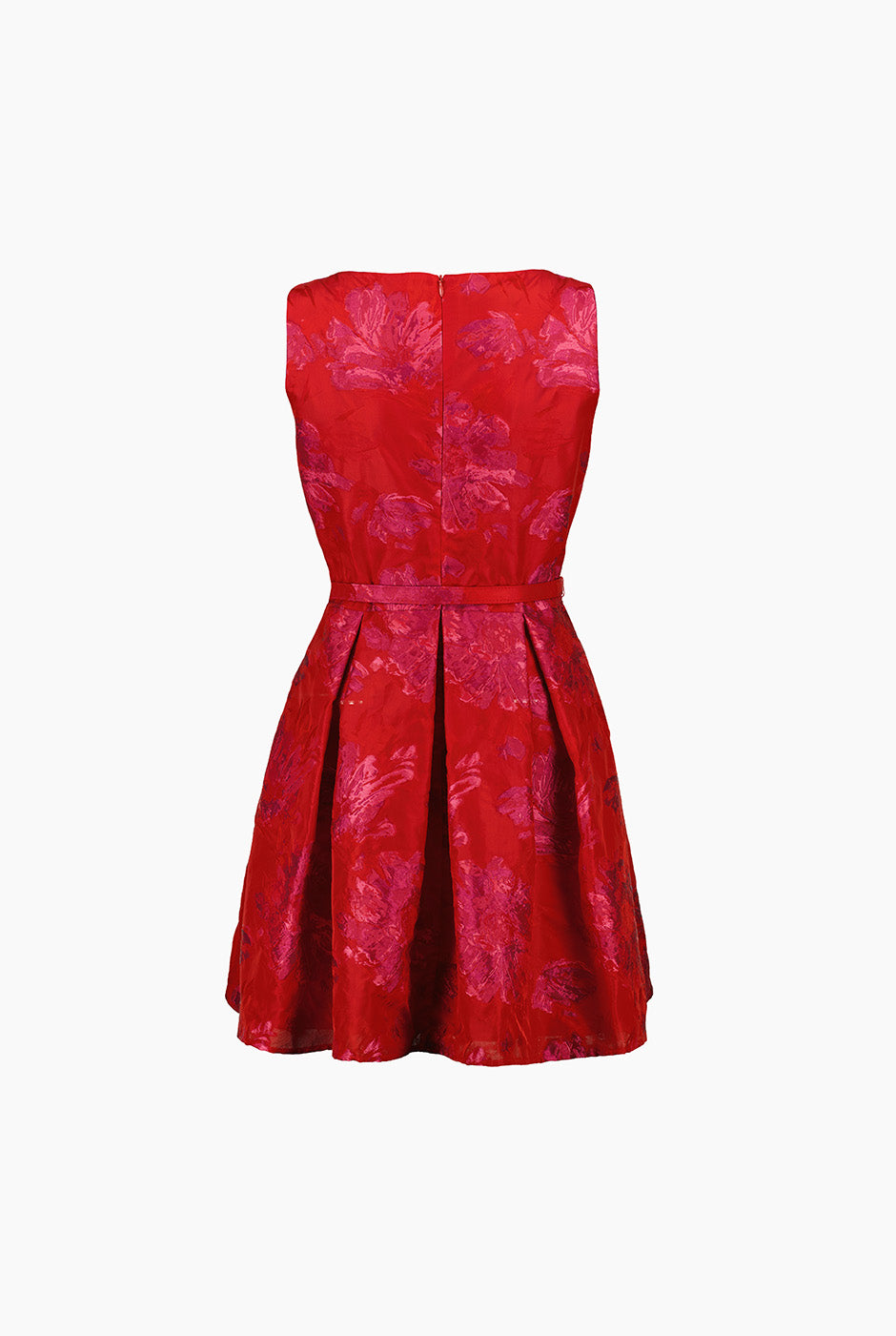 Vestido rojo corto sin mangas con cinturón y estampado floral