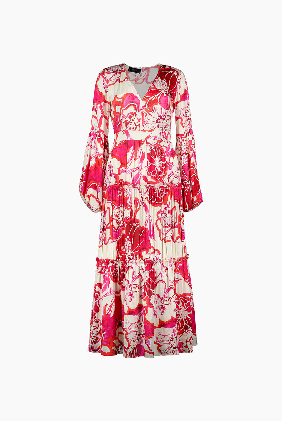 Maxi vestido fucsia con manga larga abullonada y estampado floral