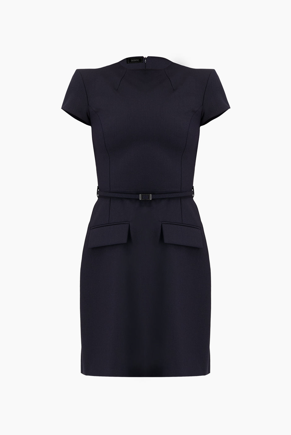 Vestido corto azul marino con bolsillos simulados y cinturón delgado