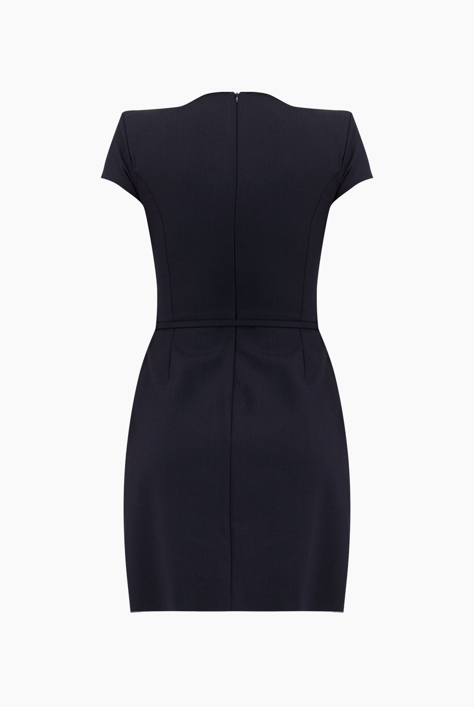 Vestido corto azul marino con bolsillos simulados y cinturón delgado