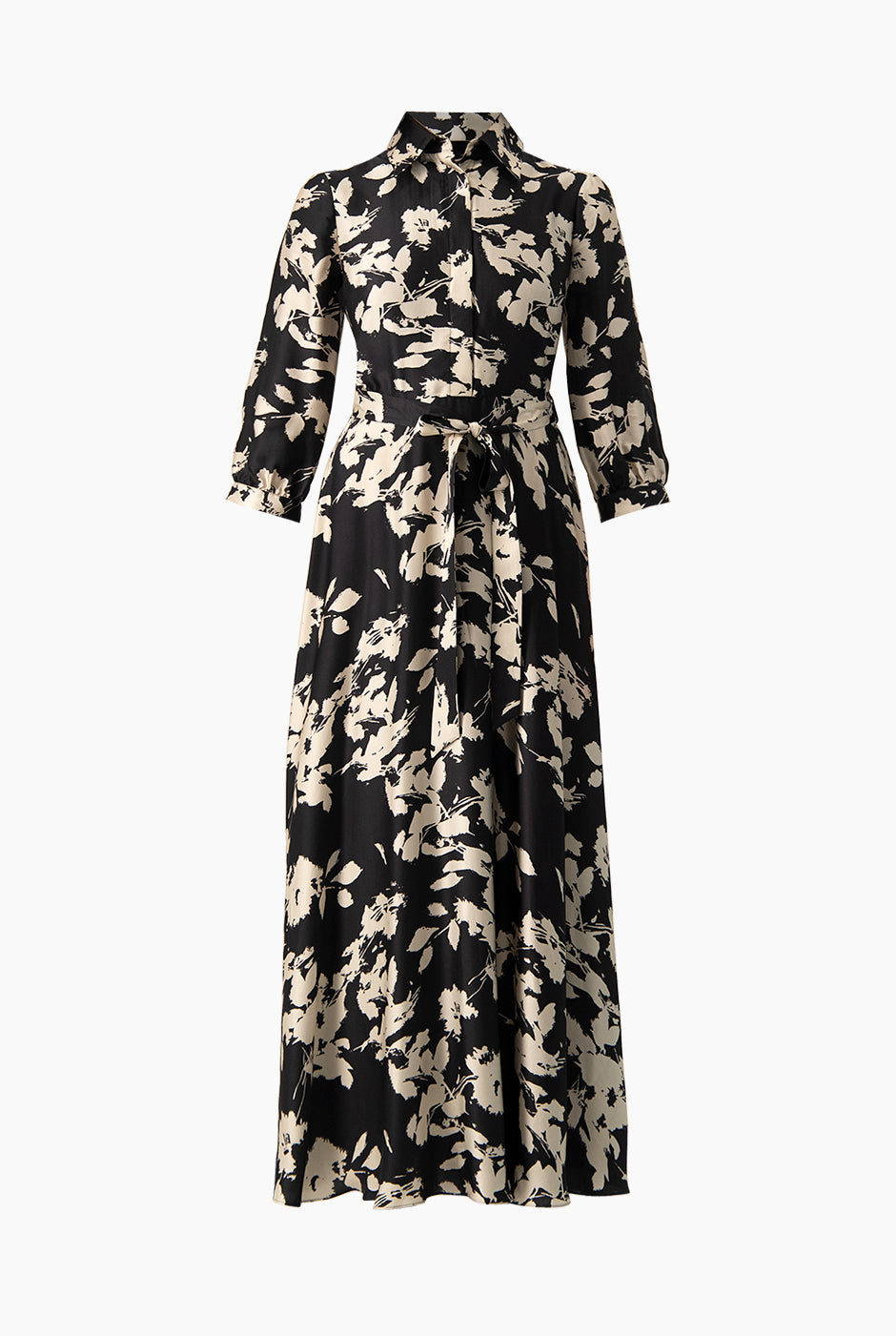 Vestido maxi negro con cuello camisero y cinturón a juego