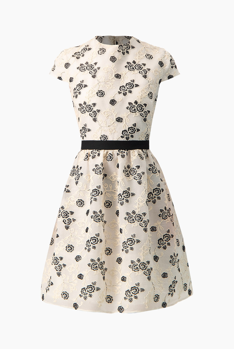 Vestido corto línea A natural con estampado floral y cinturón negro